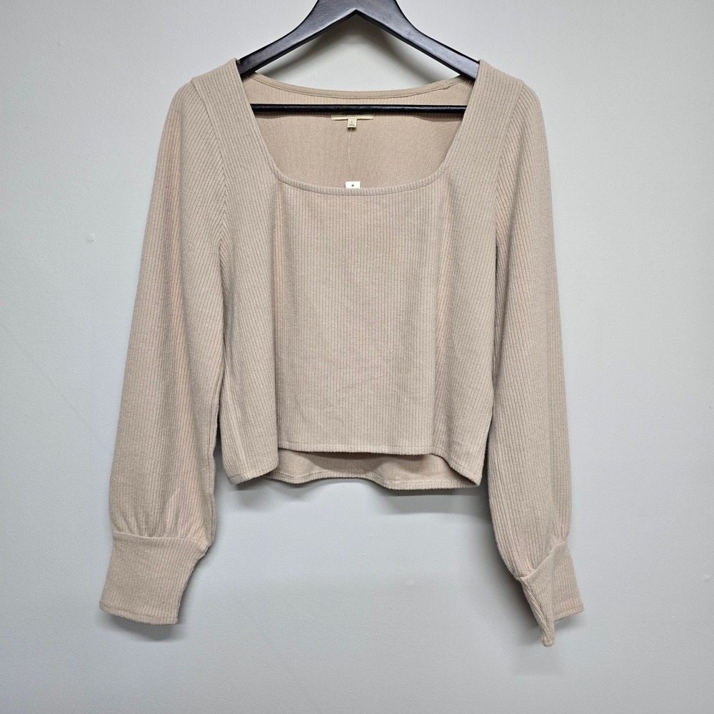 Madewell Square Neck Puff Sleeve Top Womens L Beige Ribbed Knit Cropped Top